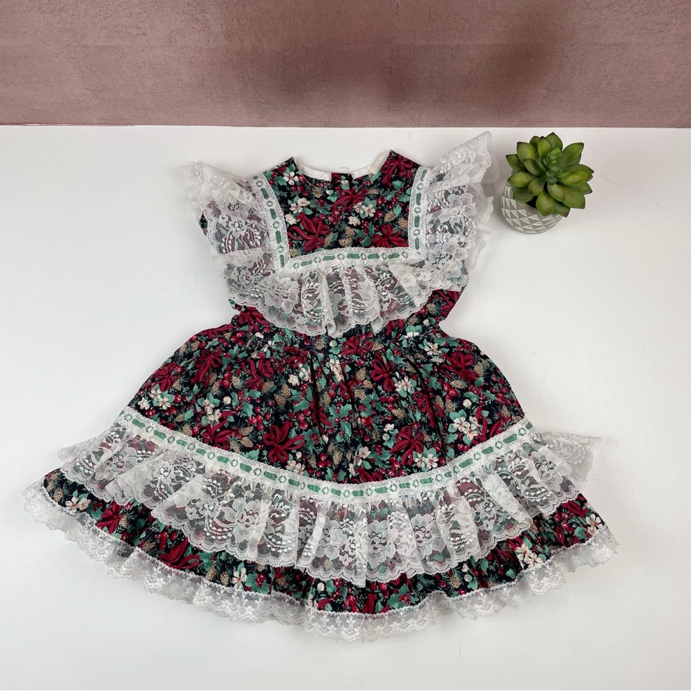 Little Princess Vintage Ruffle Floral Tulle Lace Red Green Black Dress Girl 4
